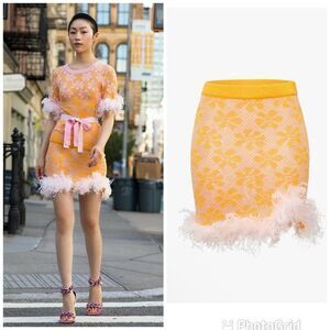 Andreeva Mini Knit Feather Trim Floral Skirt Yellow Size 6